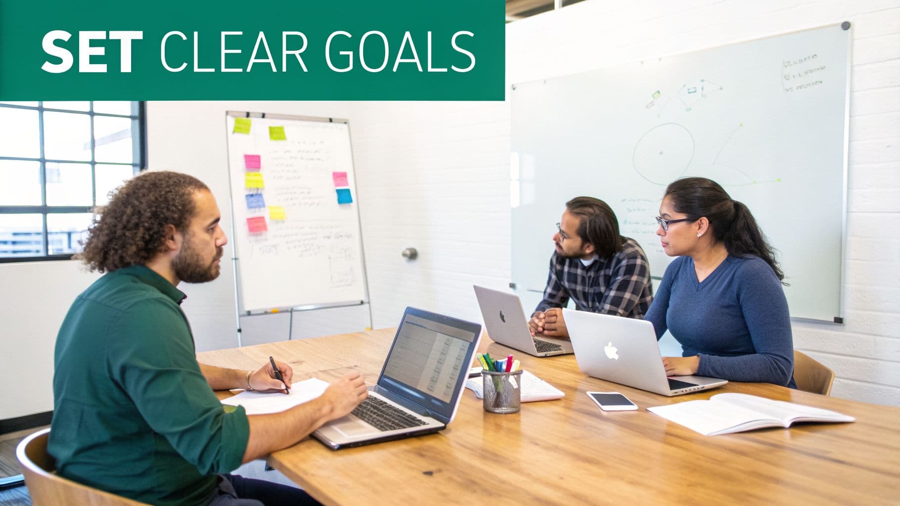 Team members set clear goals, working on laptops and whiteboards in a bright office