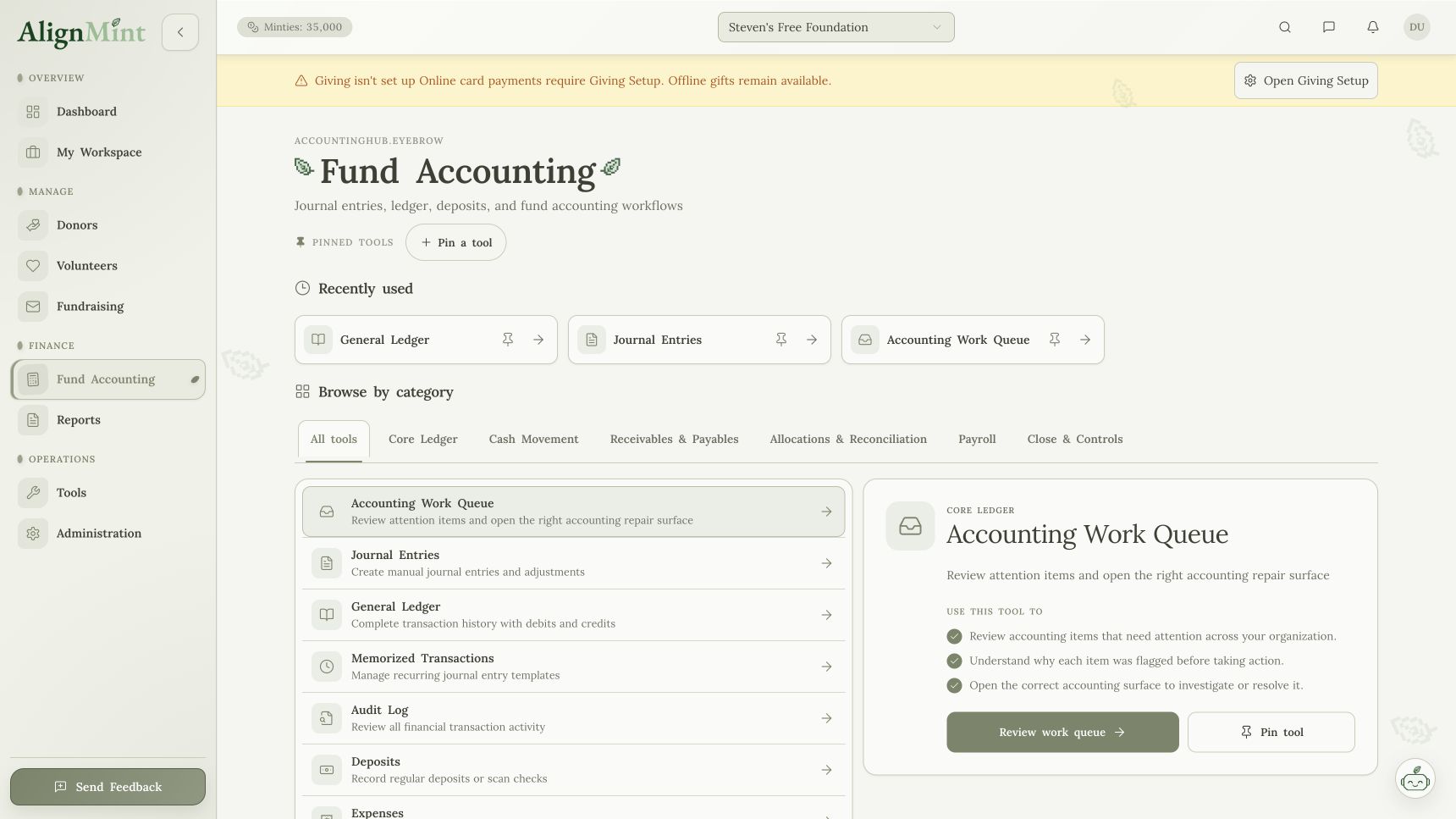 AlignMint fund accounting workspace showing ledger tools and work queue