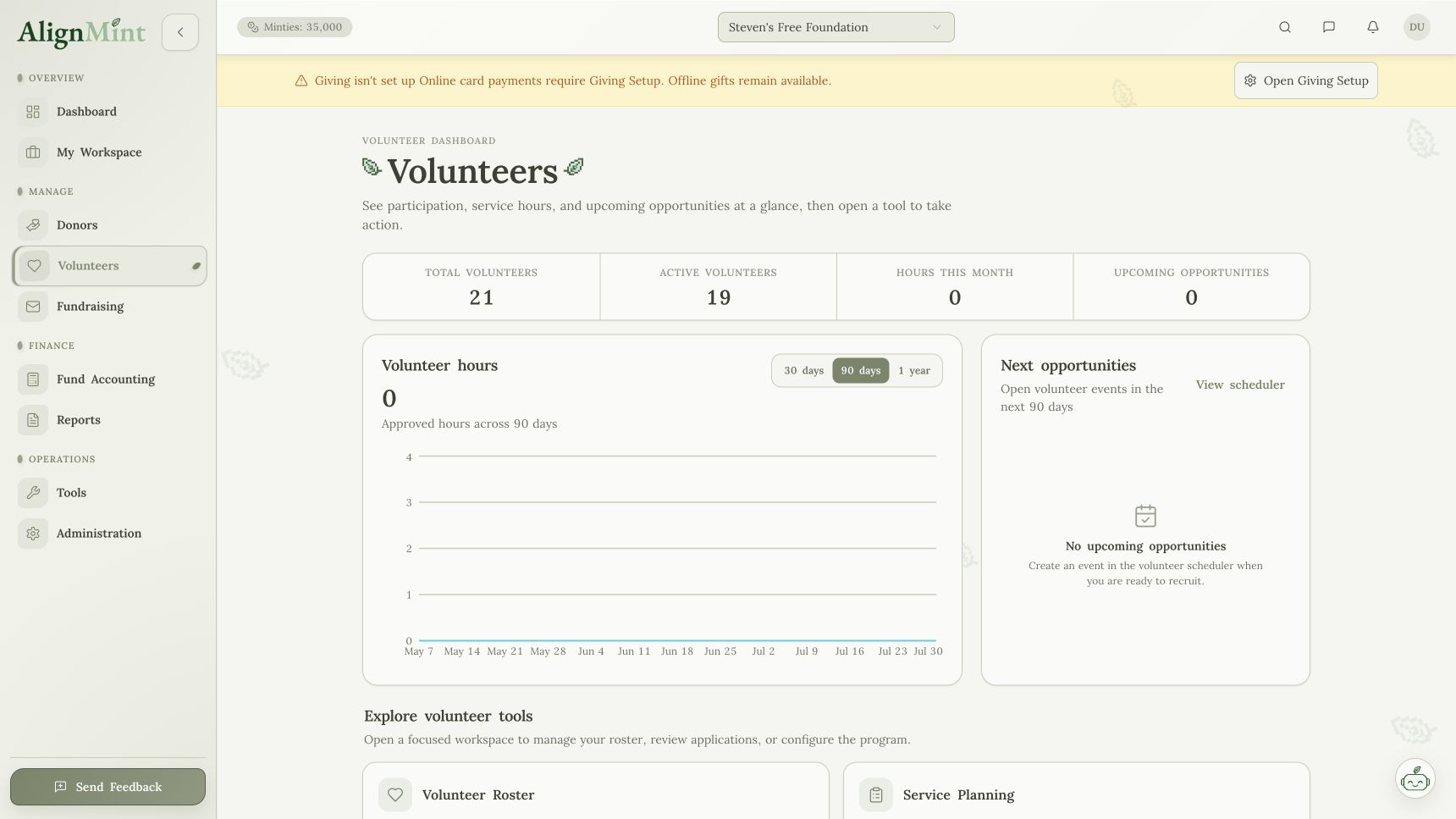 AlignMint volunteer dashboard showing hours, roster, and upcoming opportunities